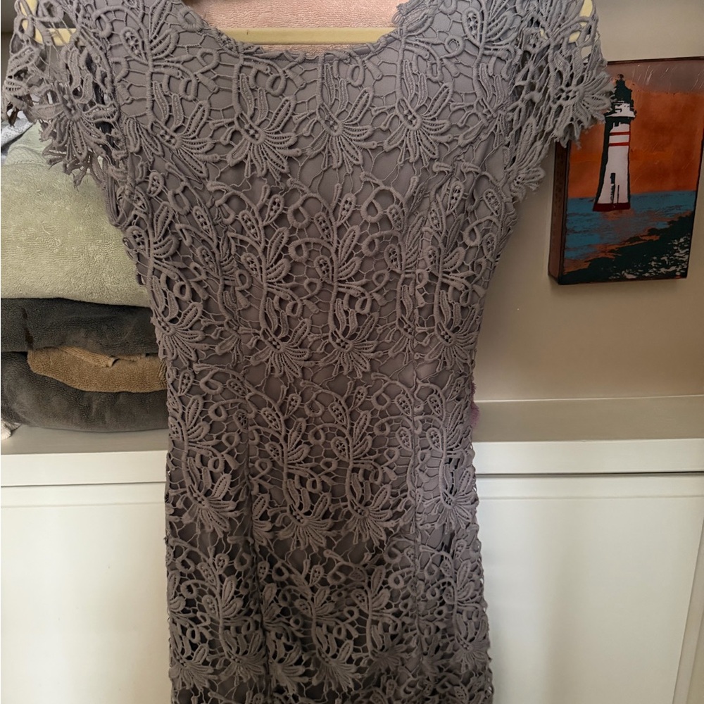 Lulu's Taupe Lace Midi Dress with Cap Sleeves